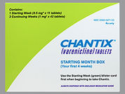 Chantix: This is a Tablet Dose Pack imprinted with Pfizer on the front, CHX 0.5 or CHX 1.0 on the back.