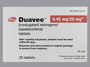Duavee: This is a Tablet imprinted with 0.45/20 on the front, nothing on the back.