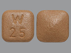 This is a tan square Tablet Er 24 Hr imprinted with W  25 on the front, nothing on the back, and is manufactured by WYETH/PFIZER.