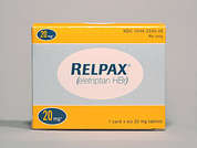 Relpax: This is a orange round Tablet imprinted with Pfizer on the front, REP20 on the back, and is manufactured by PFIZER/VIATRIS.