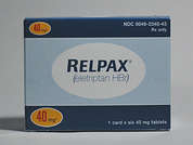 Relpax: This is a orange round Tablet imprinted with Pfizer on the front, REP40 on the back, and is manufactured by PFIZER/VIATRIS.