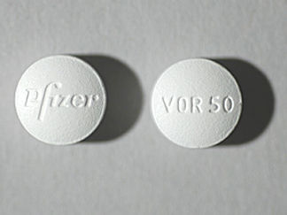 This is a Tablet imprinted with Pfizer on the front, VOR 50 on the back.