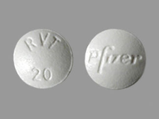 This is a Tablet imprinted with RVT  20 on the front, Pfizer on the back.