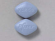 Viagra: Esto es un Tableta azul diamante imprimido con VGR 50 en la parte delantera, Pfizer en la parte posterior, y es fabricado por PFIZER/VIATRIS.