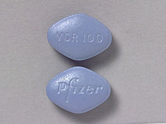 Esto es un Tableta imprimido con VGR 100 en la parte delantera, Pfizer en la parte posterior, y es fabricado por None.