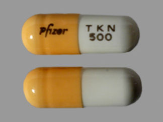 This is a Capsule imprinted with Pfizer on the front, TKN  500 on the back.