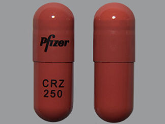 Esto es un Cápsula imprimido con Pfizer en la parte delantera, CRZ  250 en la parte posterior, y es fabricado por None.