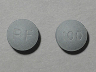 This is a Tablet Er imprinted with PF on the front, 100 on the back.