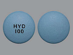 This is a blue round Tablet Oral Only Er 24 Hr imprinted with HYD  100 on the front, nothing on the back, and is manufactured by KNOA PHARMA LLC.