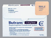 Butrans: This is a Patch Transdermal Weekly imprinted with Butrans 5mcg/hour on the front, nothing on the back.