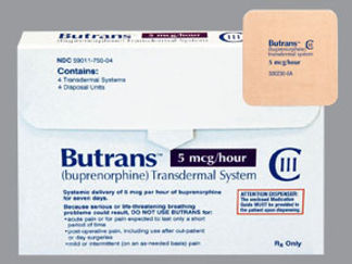 This is a Patch Transdermal Weekly imprinted with Butrans 5mcg/hour on the front, nothing on the back.