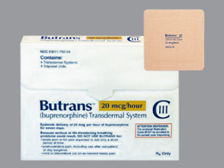This is a Patch Transdermal Weekly imprinted with Butrans  20mcg/hour on the front, nothing on the back.