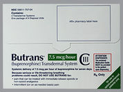 Butrans: This is a Patch Transdermal Weekly imprinted with Butrans  7.5 mcg/hour on the front, nothing on the back.