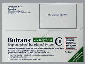 Esto es un Parche Transdérmico Semanal imprimido con Butrans  7.5 mcg/hour en la parte delantera, nada en la parte posterior, y es fabricado por None.