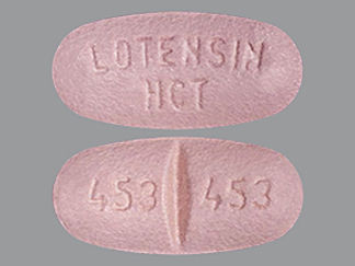 This is a Tablet imprinted with LOTENSIN  HCT on the front, 453 453 on the back.