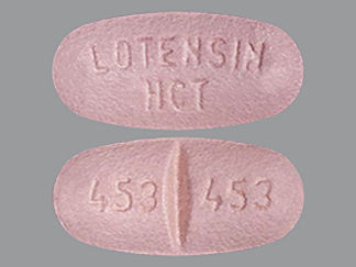 This is a Tablet imprinted with LOTENSIN HCT on the front, 453 453 on the back.