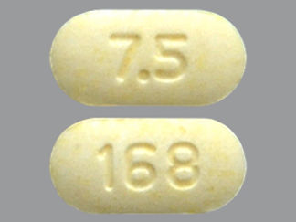 Esto es un Tableta imprimido con 7.5 en la parte delantera, 168 en la parte posterior, y es fabricado por None.