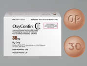 Oxycontin: This is a brown round Tablet Oral Only Er 12 Hr imprinted with OP on the front, 30 on the back, and is manufactured by PURDUE PHARMA L.