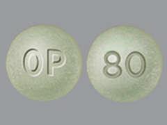 This is a green round Tablet Oral Only Er 12 Hr imprinted with OP on the front, 80 on the back, and is manufactured by RANBAXY/SUN PHA.