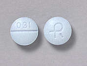 Alprazolam: This is a blue round Tablet imprinted with 031 on the front, logo on the back, and is manufactured by ACTAVIS/TEVA.