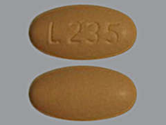 Esto es un Tableta naranja claro oval imprimido con L235 en la parte delantera, nada en la parte posterior, y es fabricado por ALEMBIC PHARMAC.