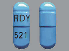 This is a dark blue oblong Capsule imprinted with RDY on the front, 521 on the back, and is manufactured by DR.REDDY'S LAB.
