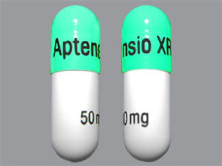 This is a Capsule Er Sprinkle Biphasic 40-60 imprinted with APTENSIO XR on the front, 50 mg on the back.