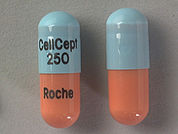 Cellcept: Esto es un Cápsula imprimido con CellCept  250 en la parte delantera, Roche en la parte posterior, y es fabricado por None.