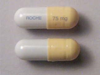 This is a Capsule imprinted with 75 mg on the front, ROCHE on the back.
