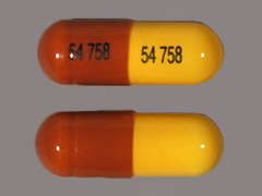 This is a yellow oblong Capsule imprinted with 54 758 on the front, 54 758 on the back, and is manufactured by ROXANE/WEST-WAR.