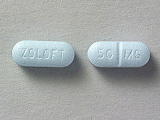 This is a Tablet imprinted with ZOLOFT on the front, 50 MG on the back.