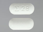Disulfiram: This is a Tablet imprinted with logo and 28 on the front, nothing on the back.