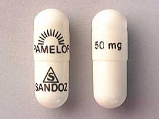 Esto es un Cápsula imprimido con logo  PAMELOR and 50 mg en la parte delantera, logo  SANDOZ en la parte posterior, y es fabricado por None.