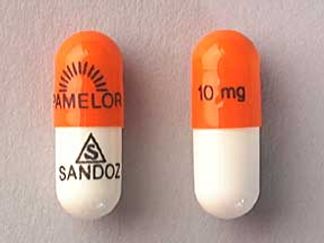 Esto es un Cápsula imprimido con logo  PAMELOR and 10 mg en la parte delantera, logo  SANDOZ en la parte posterior, y es fabricado por None.