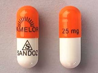 This is a Capsule imprinted with logo and PAMELOR and 25 mg on the front, logo and SANDOZ on the back.