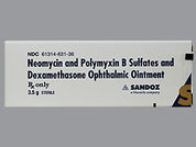 Neo/Polymyxin/Dexamethasone: Esto es un Ungüento imprimido con nada en la parte delantera, nada en la parte posterior, y es fabricado por None.