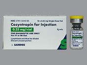 Cosyntropin: Esto es un Vial imprimido con nada en la parte delantera, nada en la parte posterior, y es fabricado por None.