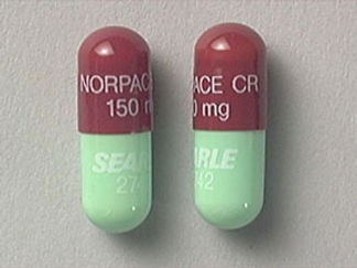 Esto es un Cápsula Er imprimido con NORPACE CR  150 mg en la parte delantera, SEARLE  2742 en la parte posterior, y es fabricado por None.