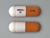 Adderall Xr: This is a orange oblong Capsule Er 24 Hr imprinted with ADDERALL  XR on the front, 25mg on the back, and is manufactured by TAKEDA PHARMACE.