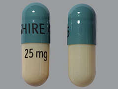This is a green oblong Capsule Er Triphasic 24hr imprinted with SHIRE 465 on the front, 25 mg on the back, and is manufactured by SHIRE US INC..