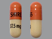 Mydayis: Esto es un Cápsula Er Trifásico 24hr imprimido con SHIRE 465 en la parte delantera, 37.5 mg en la parte posterior, y es fabricado por None.