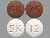 Xcopri: This is a Tablet Dose Pack imprinted with SK on the front, 12 or 25 on the back.