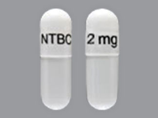 This is a Capsule imprinted with NTBC 2 mg on the front, nothing on the back.