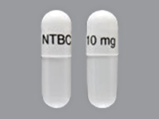 Esto es un Cápsula imprimido con NTBC 10 mg en la parte delantera, nada en la parte posterior, y es fabricado por None.