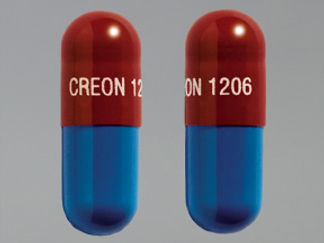 This is a Capsule Dr imprinted with CREON 1206 on the front, nothing on the back.