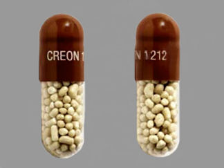 This is a Capsule Dr imprinted with CREON 1212 on the front, nothing on the back.