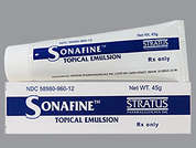 Sonafine: This is a white Emulsion imprinted with nothing on the front, nothing on the back, and is manufactured by STRATUS PHARM.