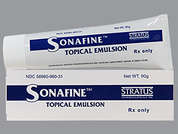 Sonafine: This is a white Emulsion imprinted with nothing on the front, nothing on the back, and is manufactured by STRATUS PHARM.