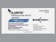 Ilumya: This is a colorless Syringe imprinted with nothing on the front, nothing on the back, and is manufactured by SUN PHARMA GLOB.