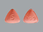 Sumatriptan Succinate: This is a pink triangular Tablet imprinted with S on the front, 100 on the back, and is manufactured by SUN PHARMACEUTI.